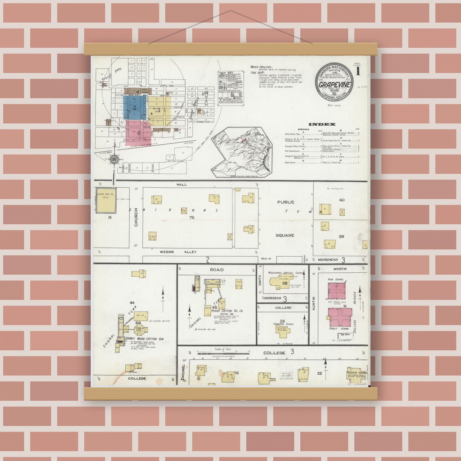 Old map wall art mockup — magnetic wood frame on brick wall — Sanborn Fire Insurance Map from Grapevine, Tarrant County, Texas (1921) - Complete Map Set