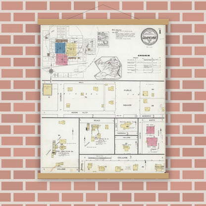 Old map wall art mockup — magnetic wood frame on brick wall — Sanborn Fire Insurance Map from Grapevine, Tarrant County, Texas (1921) - Complete Map Set
