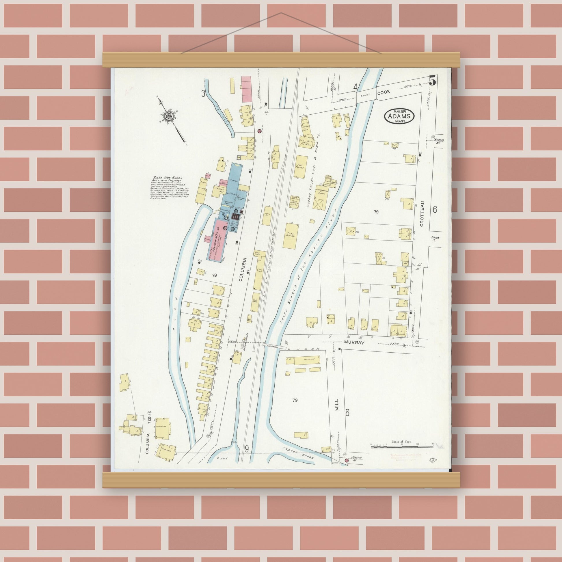 Old map wall art mockup — magnetic wood frame on brick wall — Sanborn Fire Insurance Map from Adams, Berkshire County, Massachusetts (1914), Sheet #0005