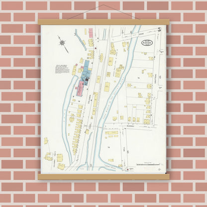 Old map wall art mockup — magnetic wood frame on brick wall — Sanborn Fire Insurance Map from Adams, Berkshire County, Massachusetts (1914), Sheet #0005