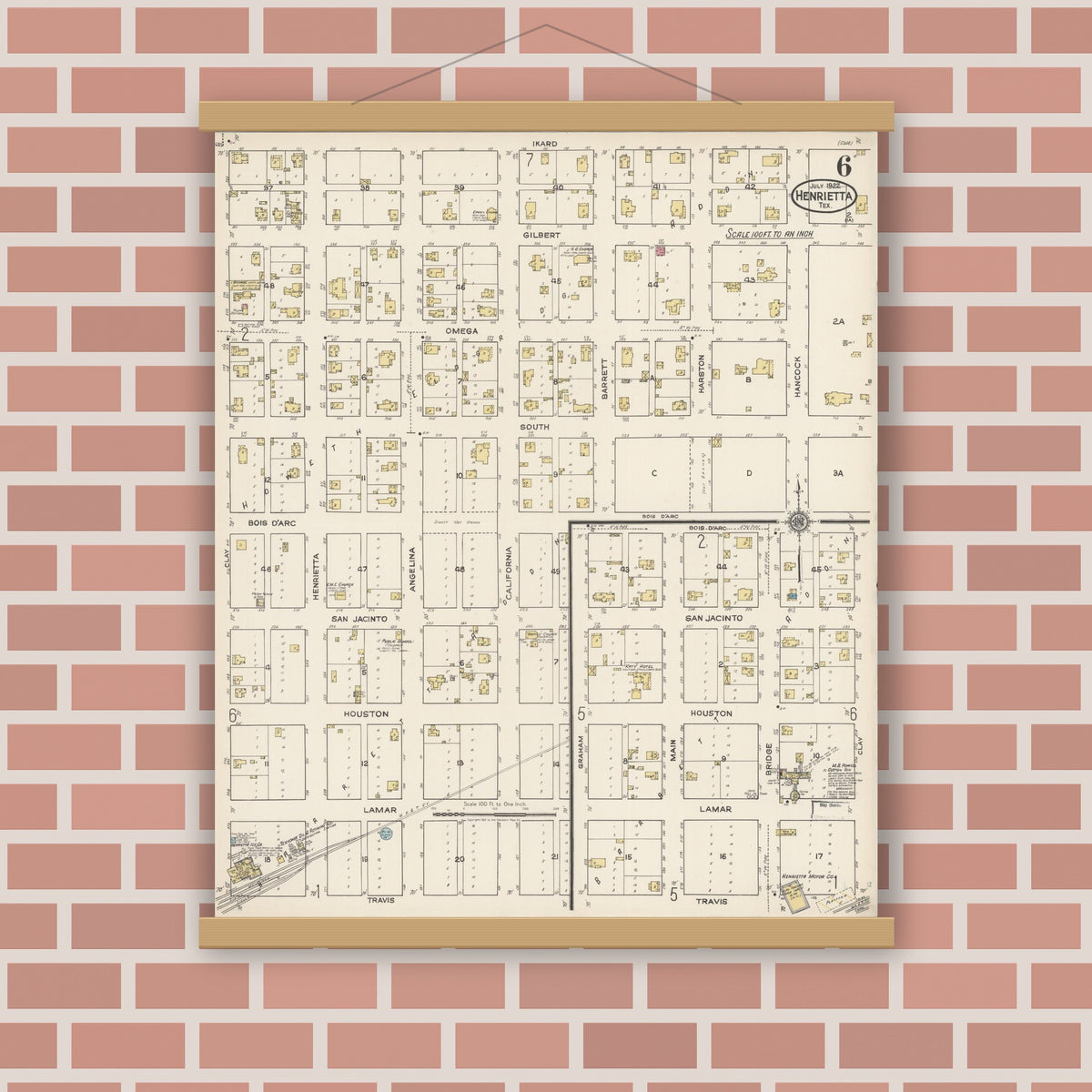 Old map wall art mockup — magnetic wood frame on brick wall — Sanborn Fire Insurance Map from Henrietta, Clay County, Texas (1922), Sheet #0006