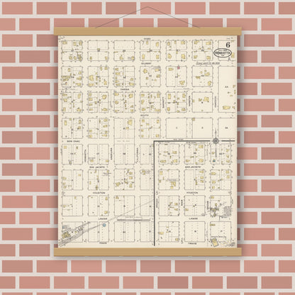 Old map wall art mockup — magnetic wood frame on brick wall — Sanborn Fire Insurance Map from Henrietta, Clay County, Texas (1922), Sheet #0006
