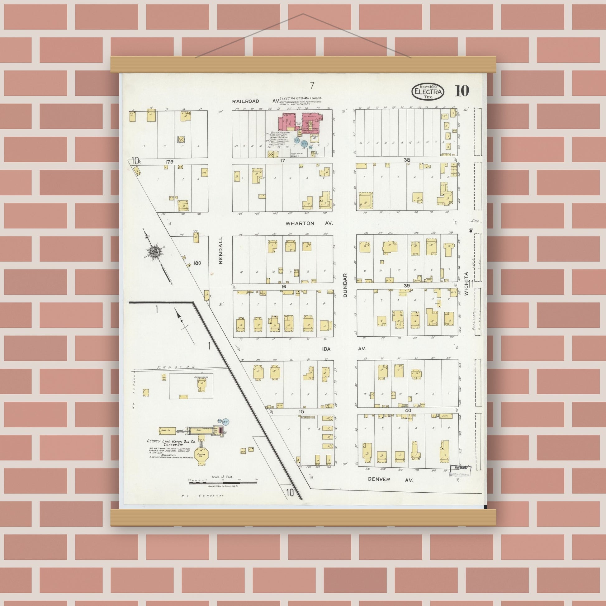 Old map wall art mockup — magnetic wood frame on brick wall — Sanborn Fire Insurance Map from Electra, Wichita County, Texas (1919), Sheet #0010