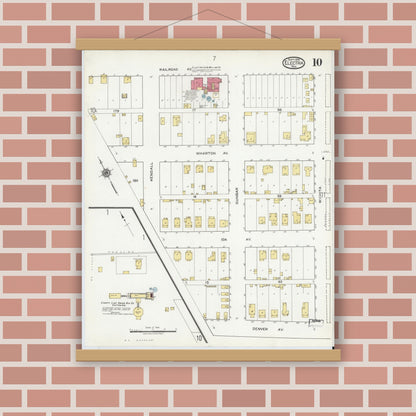 Old map wall art mockup — magnetic wood frame on brick wall — Sanborn Fire Insurance Map from Electra, Wichita County, Texas (1919), Sheet #0010