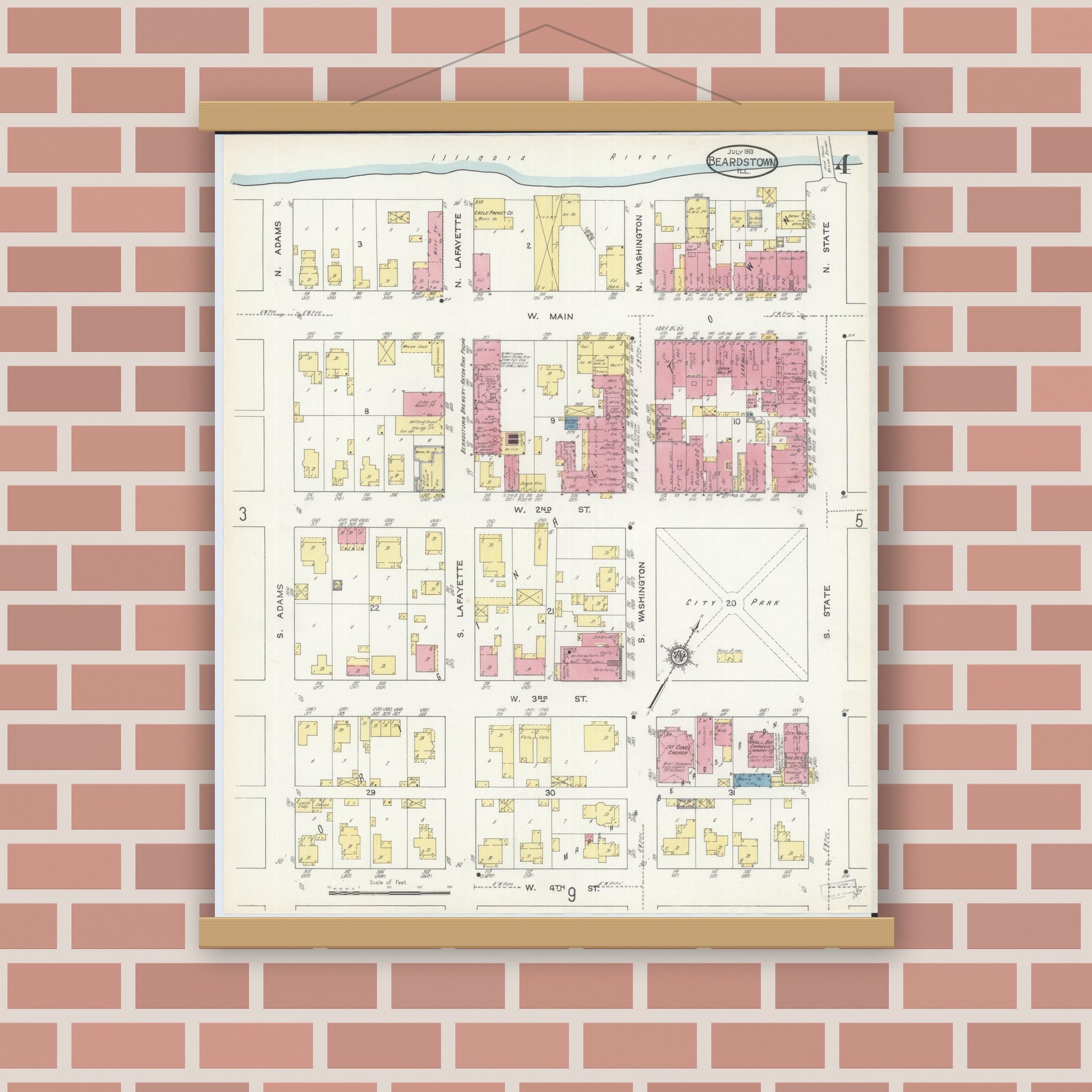 Old map wall art mockup — magnetic wood frame on brick wall — Sanborn Fire Insurance Map from Beardstown, Cass County, Illinois (1913), Sheet #0004