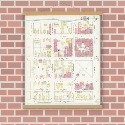 Old map wall art mockup — magnetic wood frame on brick wall — Sanborn Fire Insurance Map from Beardstown, Cass County, Illinois (1913), Sheet #0004