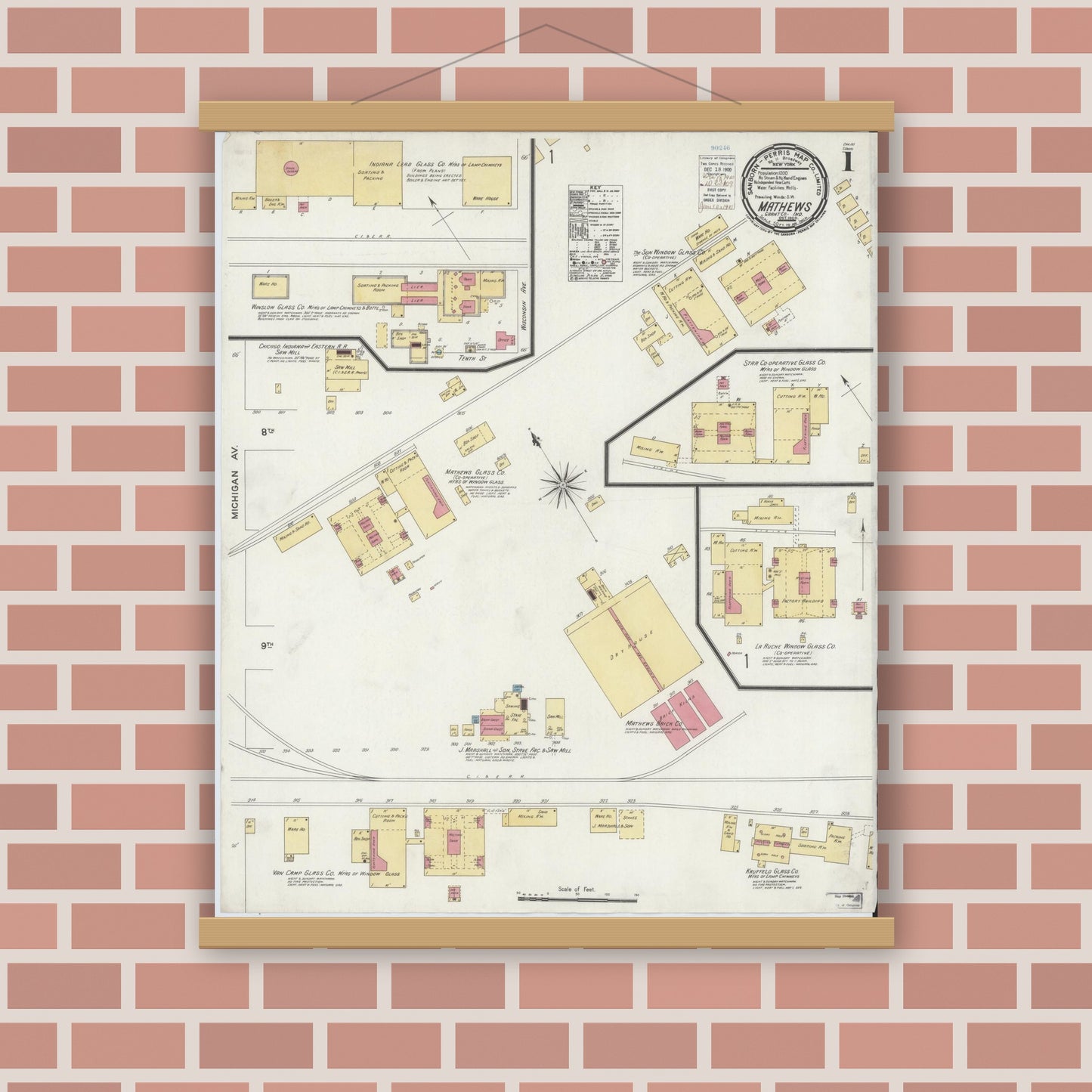 Old map wall art mockup — magnetic wood frame on brick wall — Sanborn Fire Insurance Map from Matthews, Grant County, Indiana (1900) - Complete Map Set