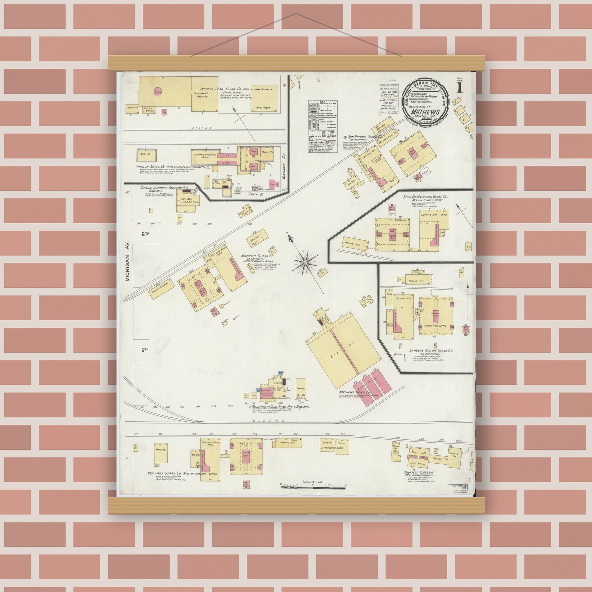 Old map wall art mockup — magnetic wood frame on brick wall — Sanborn Fire Insurance Map from Matthews, Grant County, Indiana (1900) - Complete Map Set