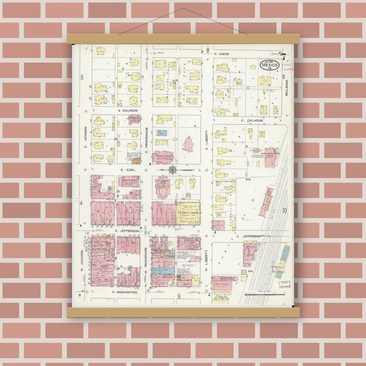 Old map wall art mockup — magnetic wood frame on brick wall — Sanborn Fire Insurance Map from Mexico, Audrain County, Missouri (1914), Sheet #0007