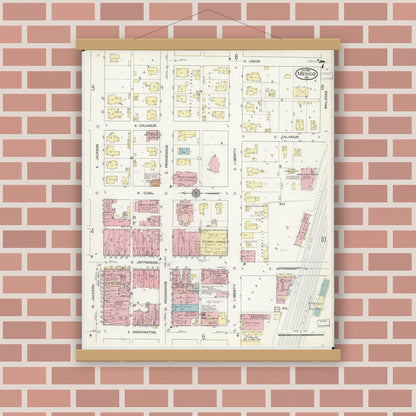 Old map wall art mockup — magnetic wood frame on brick wall — Sanborn Fire Insurance Map from Mexico, Audrain County, Missouri (1914), Sheet #0007