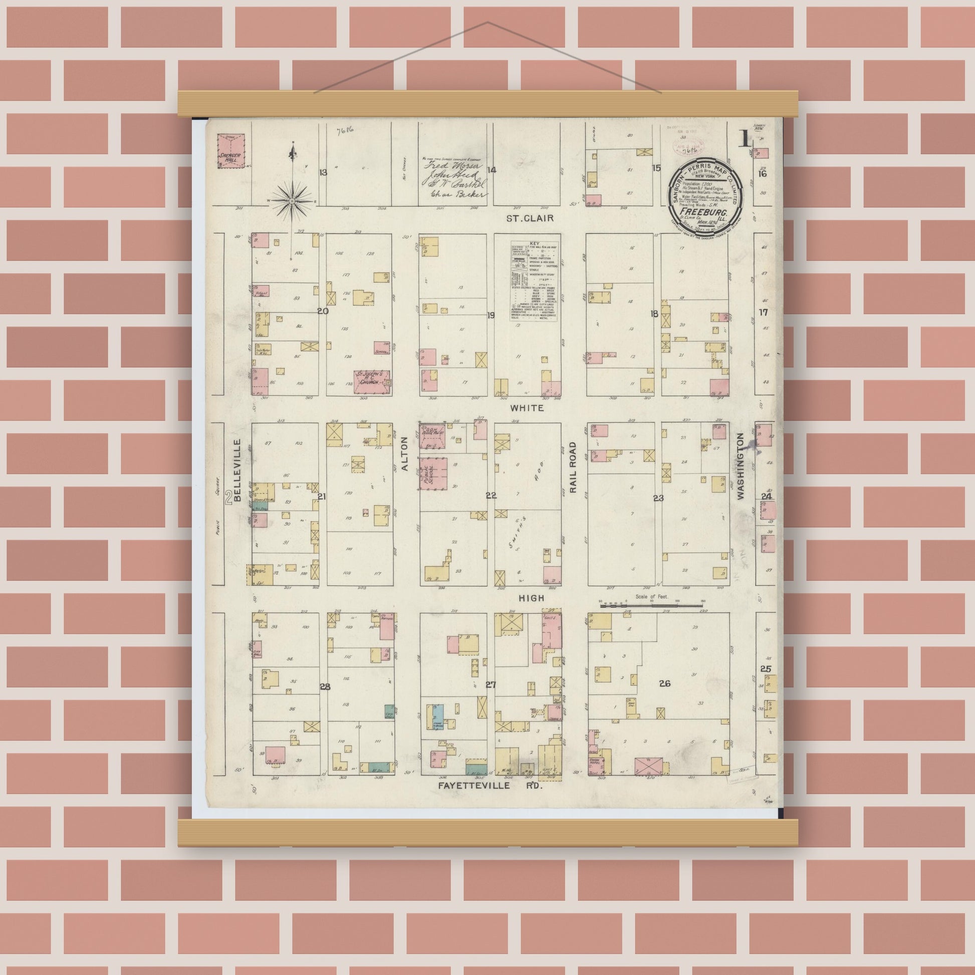 Old map wall art mockup — magnetic wood frame on brick wall — Sanborn Fire Insurance Map from Freeburg, Saint Clair County, Illinois (1894) - Complete Map Set