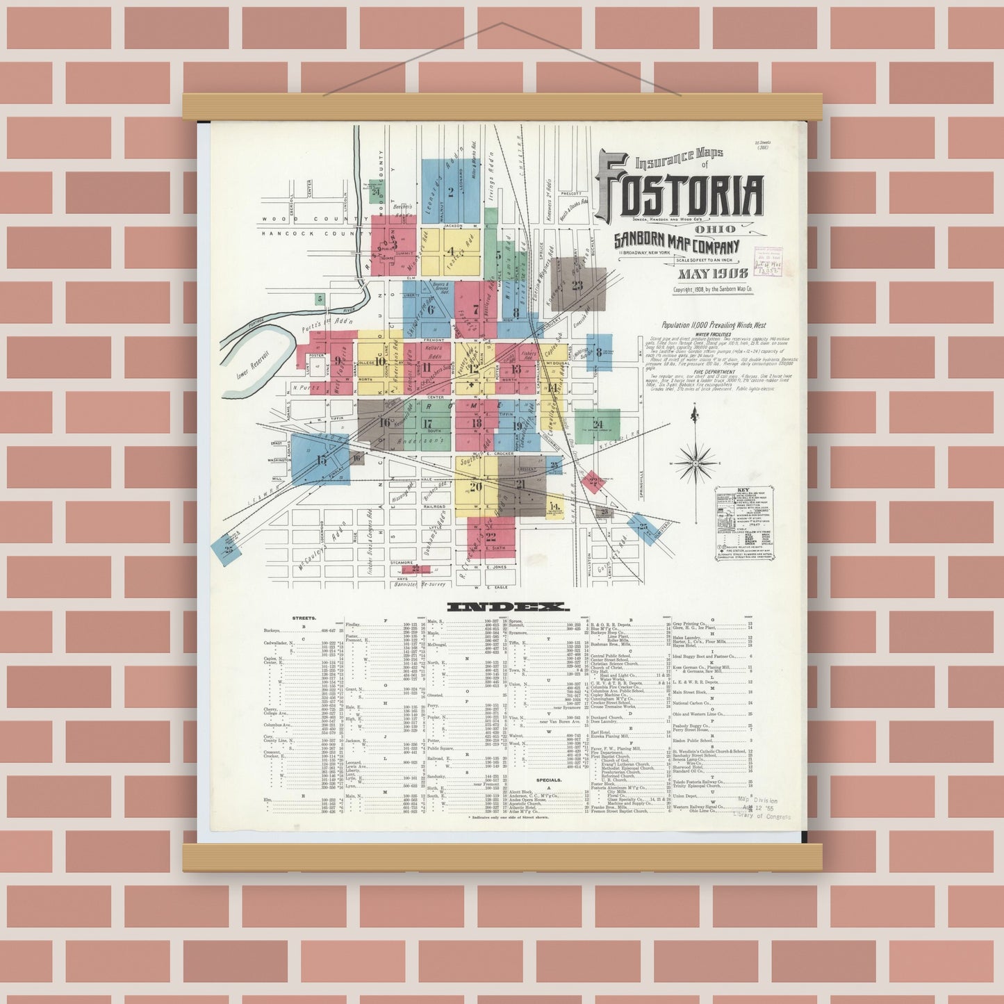Old map wall art mockup — magnetic wood frame on brick wall — Sanborn Fire Insurance Map from Fostoria, Seneca, Hancock, And Wood Counties, Ohio (1908), Sheet #0001