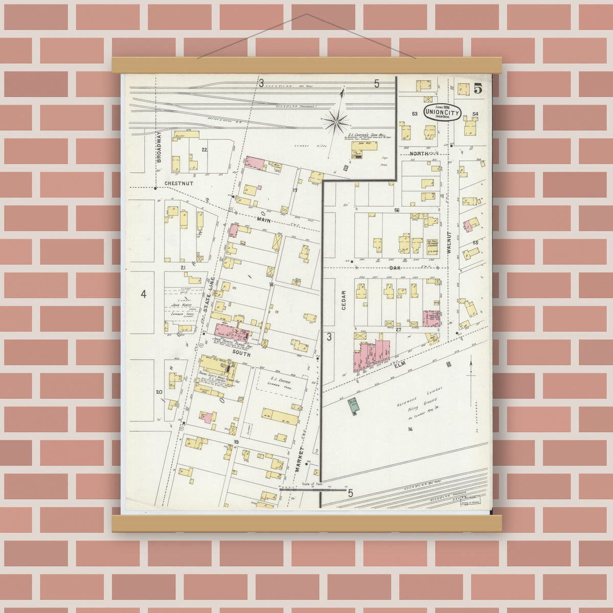 Old map wall art mockup — magnetic wood frame on brick wall — Sanborn Fire Insurance Map from Union City, Randolph County, Indiana (1896), Sheet #0005