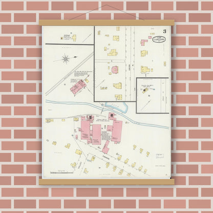 Old map wall art mockup — magnetic wood frame on brick wall — Sanborn Fire Insurance Map from Concord, Cabarrus County, North Carolina (1897), Sheet #0003
