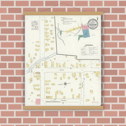 Old map wall art mockup — magnetic wood frame on brick wall — Sanborn Fire Insurance Map from Rushford, Allegany County, New York (1912), Sheet #0001