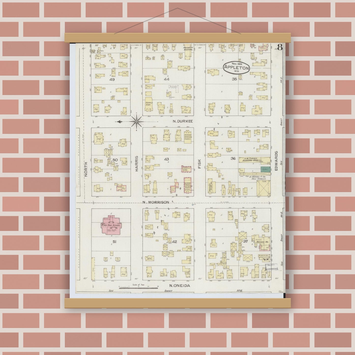 Old map wall art mockup — magnetic wood frame on brick wall — Sanborn Fire Insurance Map from Appleton, Outagamie County, Wisconsin (1886), Sheet #0008