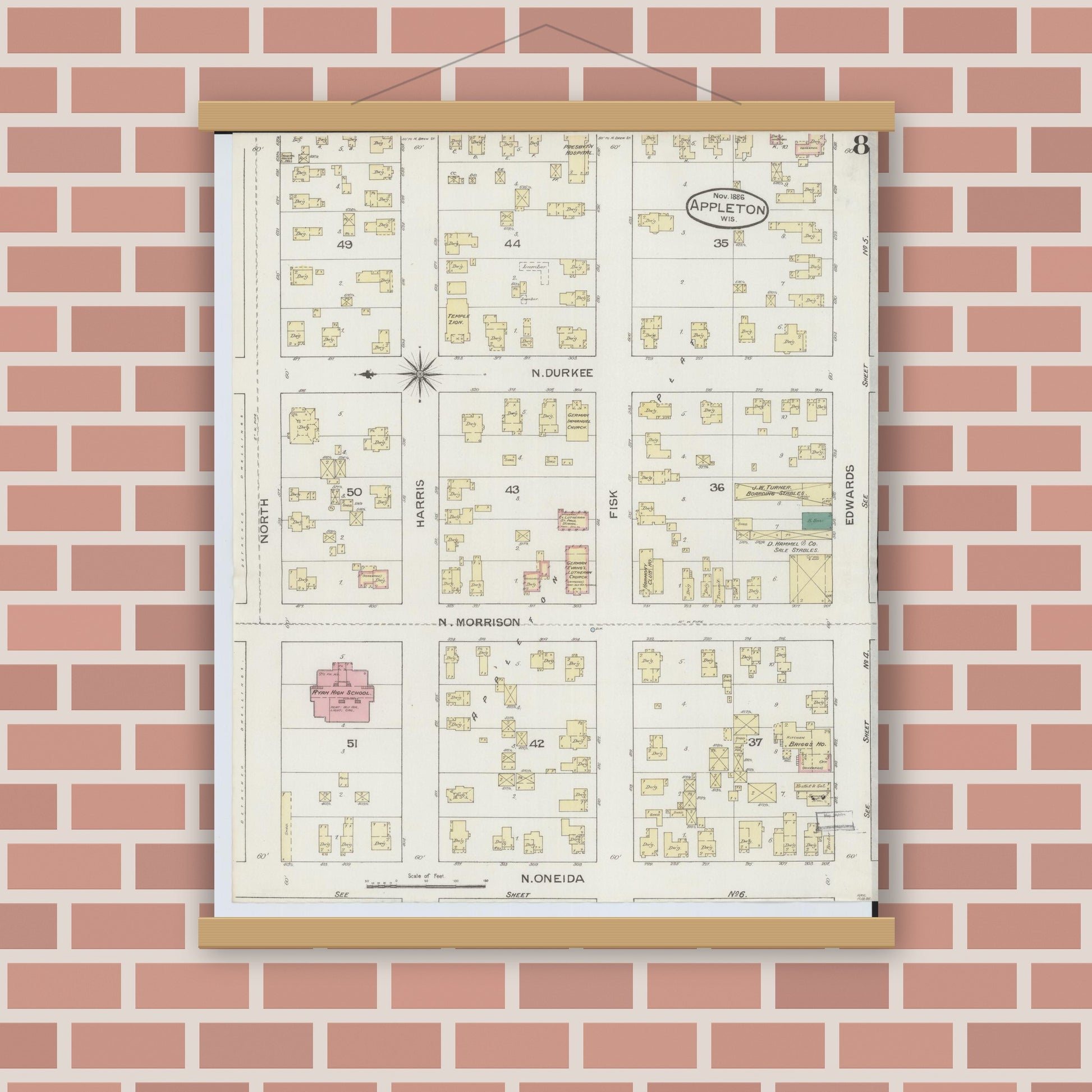 Old map wall art mockup — magnetic wood frame on brick wall — Sanborn Fire Insurance Map from Appleton, Outagamie County, Wisconsin (1886), Sheet #0008