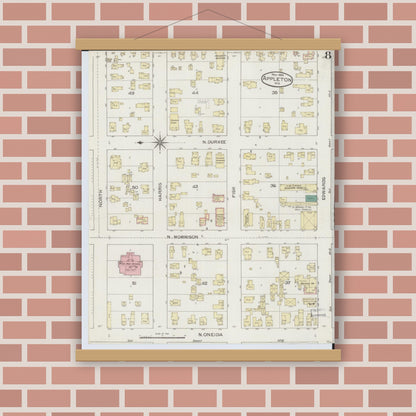 Old map wall art mockup — magnetic wood frame on brick wall — Sanborn Fire Insurance Map from Appleton, Outagamie County, Wisconsin (1886), Sheet #0008