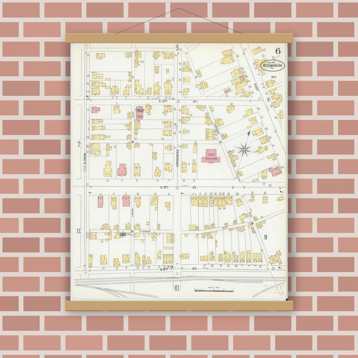 Old map wall art mockup — magnetic wood frame on brick wall — Sanborn Fire Insurance Map from Bloomsburg, Columbia County, Pennsylvania (1901), Sheet #0006