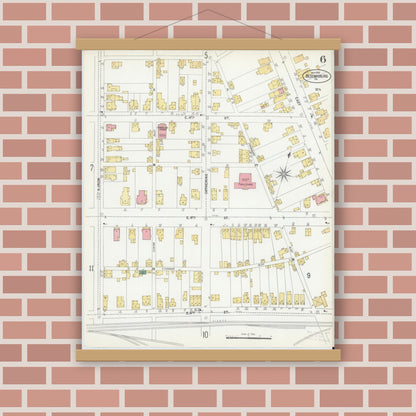 Old map wall art mockup — magnetic wood frame on brick wall — Sanborn Fire Insurance Map from Bloomsburg, Columbia County, Pennsylvania (1901), Sheet #0006