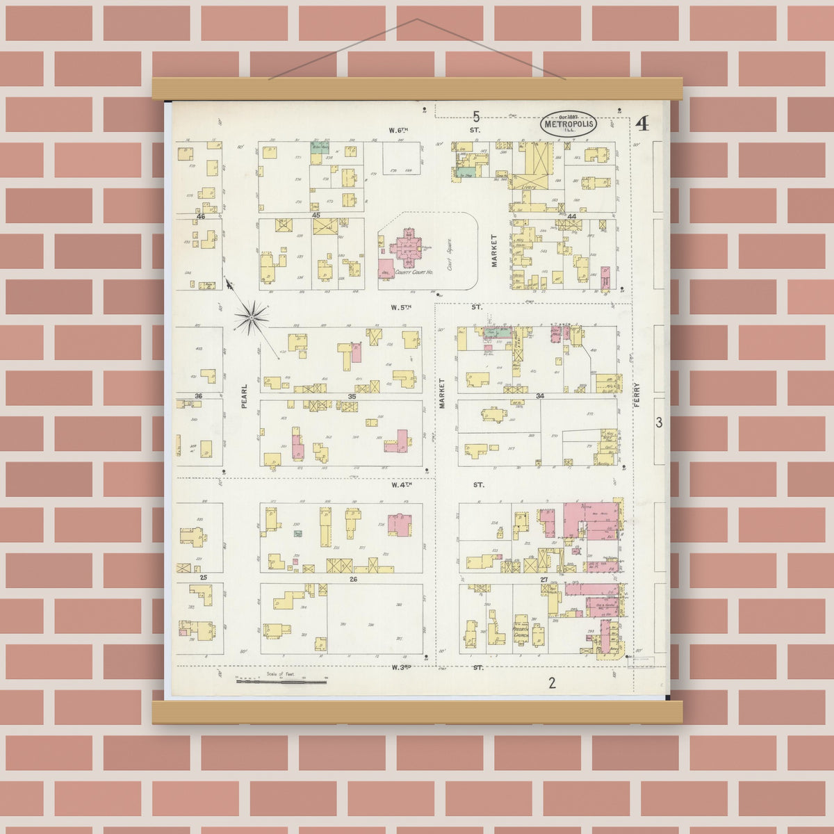 Old map wall art mockup — magnetic wood frame on brick wall — Sanborn Fire Insurance Map from Metropolis, Massac County, Illinois (1897), Sheet #0004