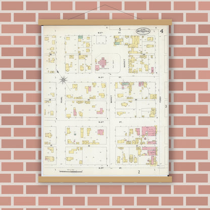 Old map wall art mockup — magnetic wood frame on brick wall — Sanborn Fire Insurance Map from Metropolis, Massac County, Illinois (1897), Sheet #0004
