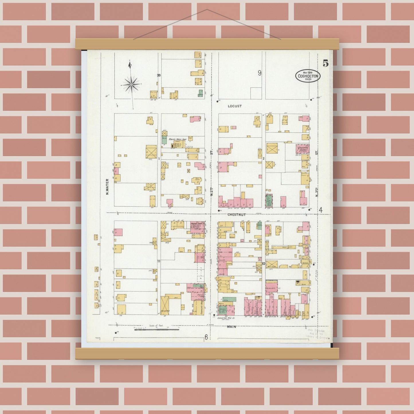Old map wall art mockup — magnetic wood frame on brick wall — Sanborn Fire Insurance Map from Coshocton, Coshocton County, Ohio (1899), Sheet #0005