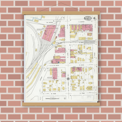 Old map wall art mockup — magnetic wood frame on brick wall — Sanborn Fire Insurance Map from Boyne City, Charlevoix County, Michigan (1919), Sheet #0006