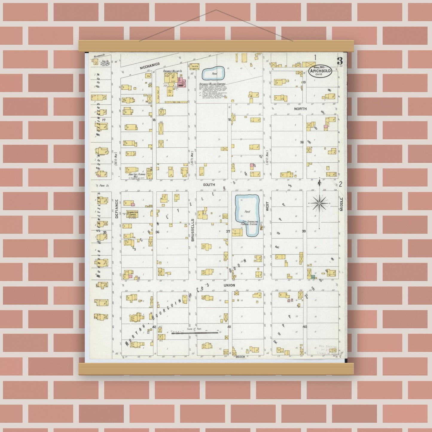 Old map wall art mockup — magnetic wood frame on brick wall — Sanborn Fire Insurance Map from Archbold, Fulton County, Ohio (1901), Sheet #0003