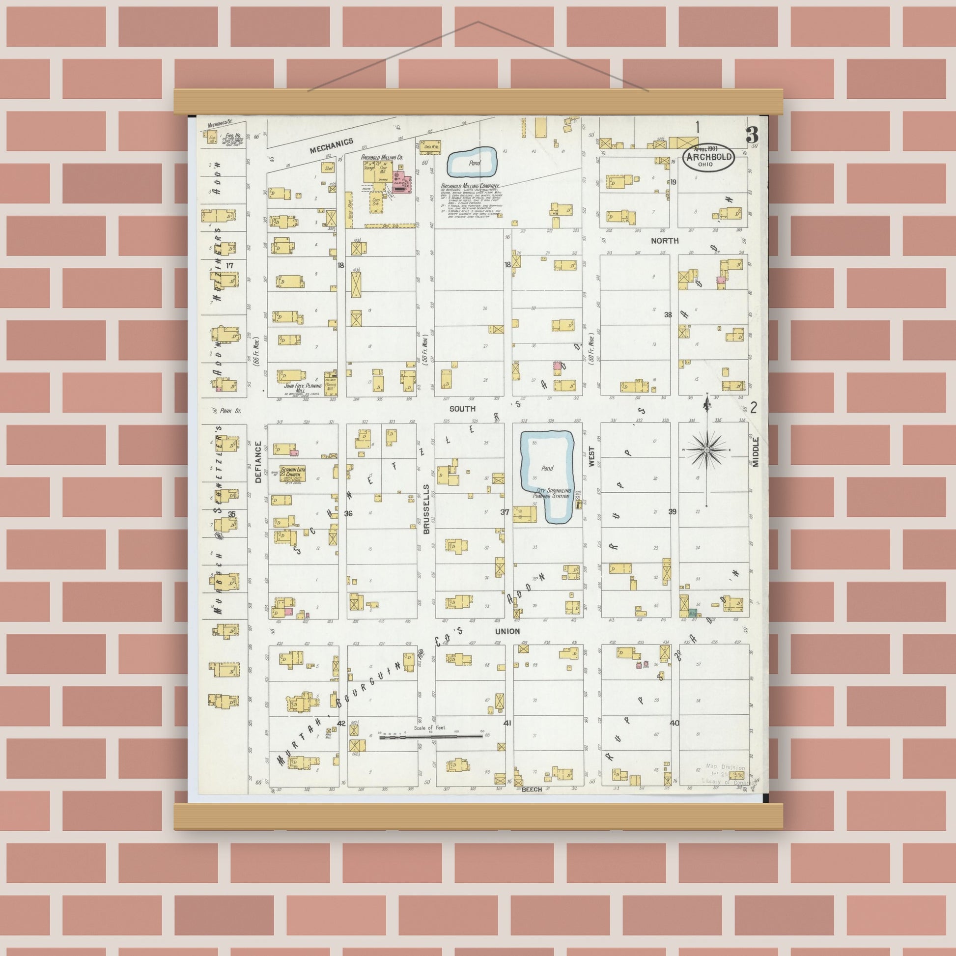Old map wall art mockup — magnetic wood frame on brick wall — Sanborn Fire Insurance Map from Archbold, Fulton County, Ohio (1901), Sheet #0003