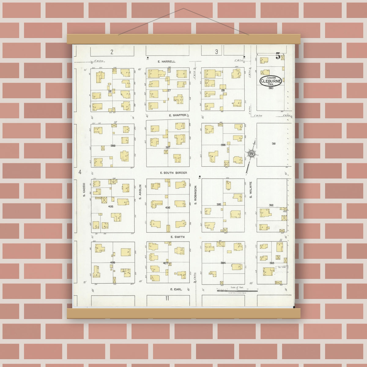 Old map wall art mockup — magnetic wood frame on brick wall — Sanborn Fire Insurance Map from Cleburne, Johnson County, Texas (1918), Sheet #0005