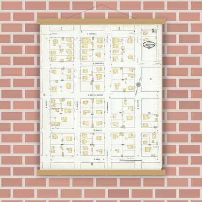 Old map wall art mockup — magnetic wood frame on brick wall — Sanborn Fire Insurance Map from Cleburne, Johnson County, Texas (1918), Sheet #0005