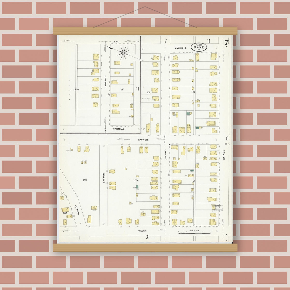 Old map wall art mockup — magnetic wood frame on brick wall — Sanborn Fire Insurance Map from Kane, McKean County, Pennsylvania (1909), Sheet #0007