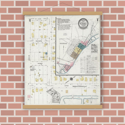 Old map wall art mockup — magnetic wood frame on brick wall — Sanborn Fire Insurance Map from Algonac, Saint Clair County, Michigan (1924), Sheet #0001