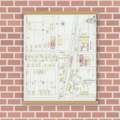 Old map wall art mockup — magnetic wood frame on brick wall — Sanborn Fire Insurance Map from Jacksonville, Morgan County, Illinois (1892), Sheet #0008