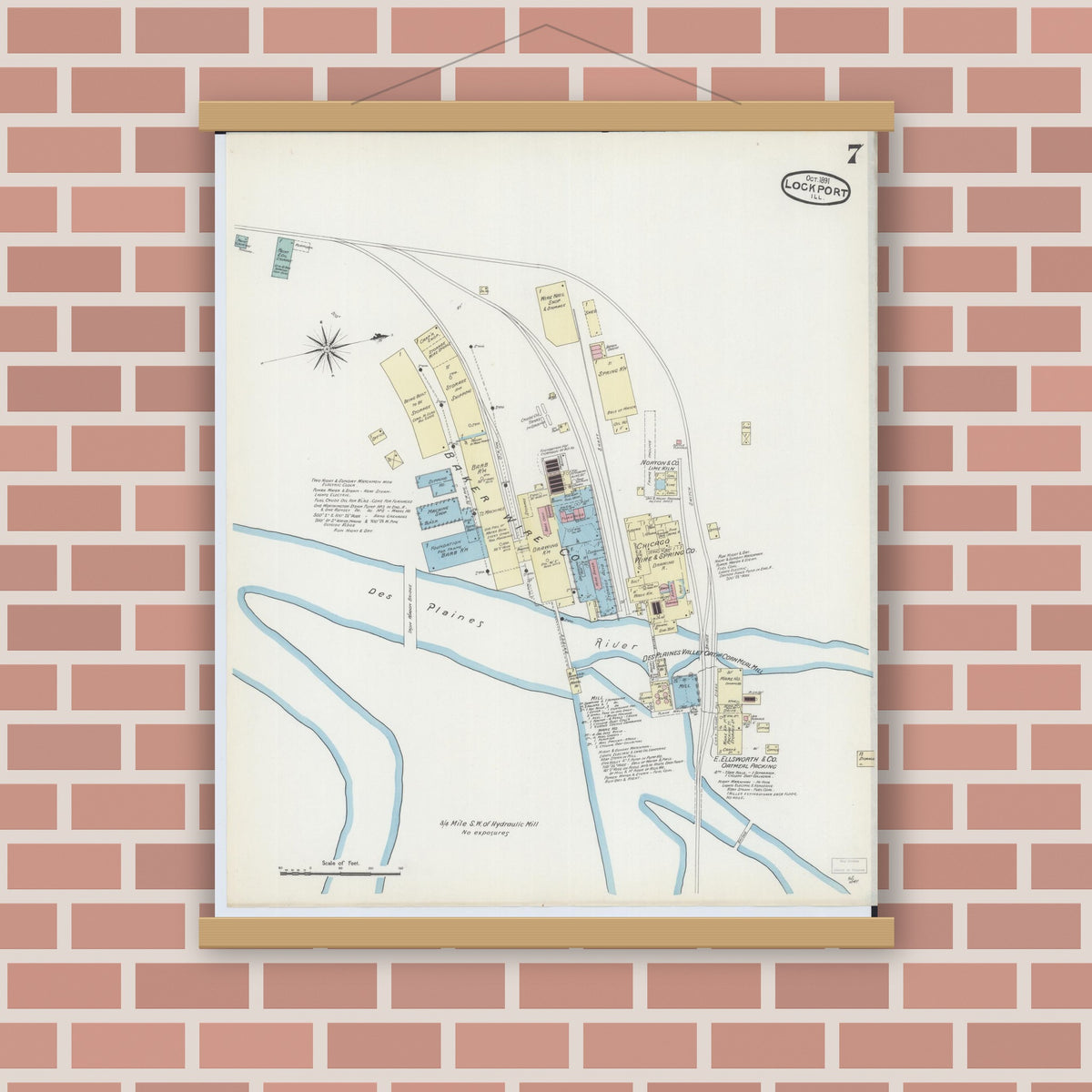Old map wall art mockup — magnetic wood frame on brick wall — Sanborn Fire Insurance Map from Lockport, Will County, Illinois (1891), Sheet #0007