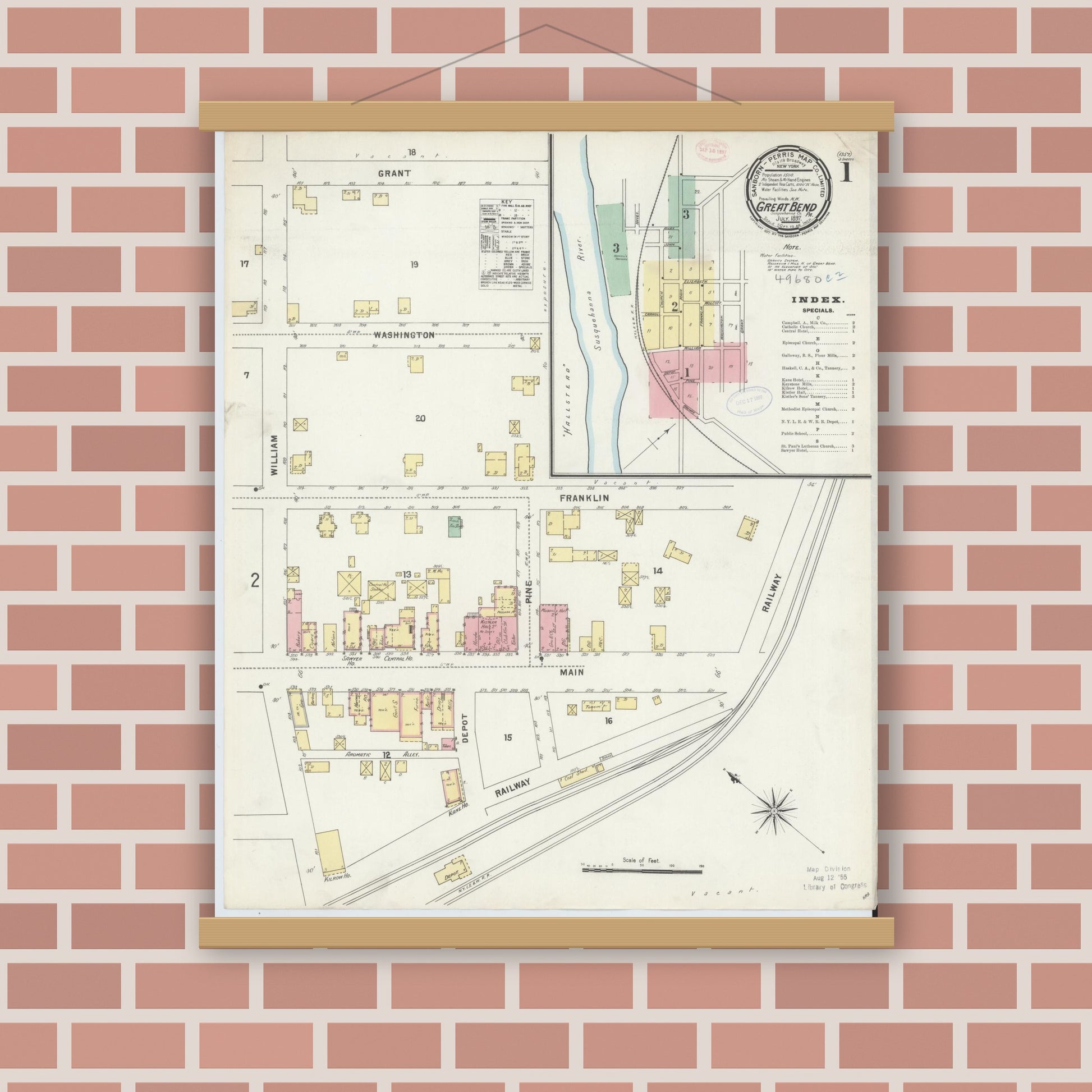 Old map wall art mockup — magnetic wood frame on brick wall — Sanborn Fire Insurance Map from Great Bend, Susquehanna County, Pennsylvania (1897), Sheet #0001