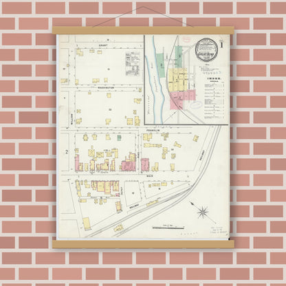 Old map wall art mockup — magnetic wood frame on brick wall — Sanborn Fire Insurance Map from Great Bend, Susquehanna County, Pennsylvania (1897), Sheet #0001