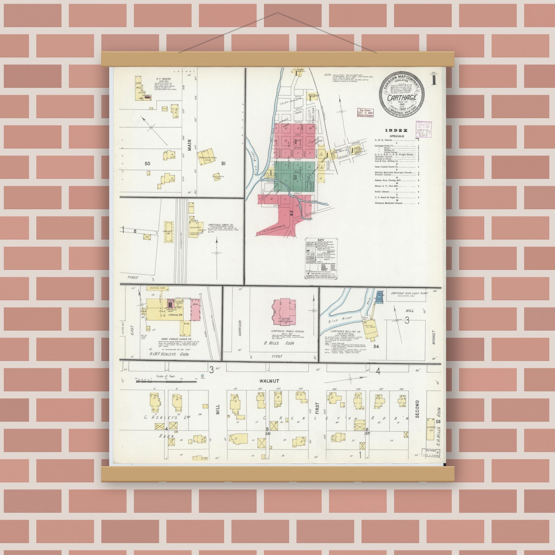 Old map wall art mockup — magnetic wood frame on brick wall — Sanborn Fire Insurance Map from Carthage, Rush County, Indiana (1907) - Complete Map Set