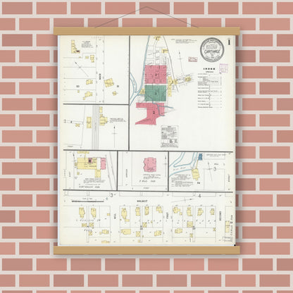Old map wall art mockup — magnetic wood frame on brick wall — Sanborn Fire Insurance Map from Carthage, Rush County, Indiana (1907) - Complete Map Set