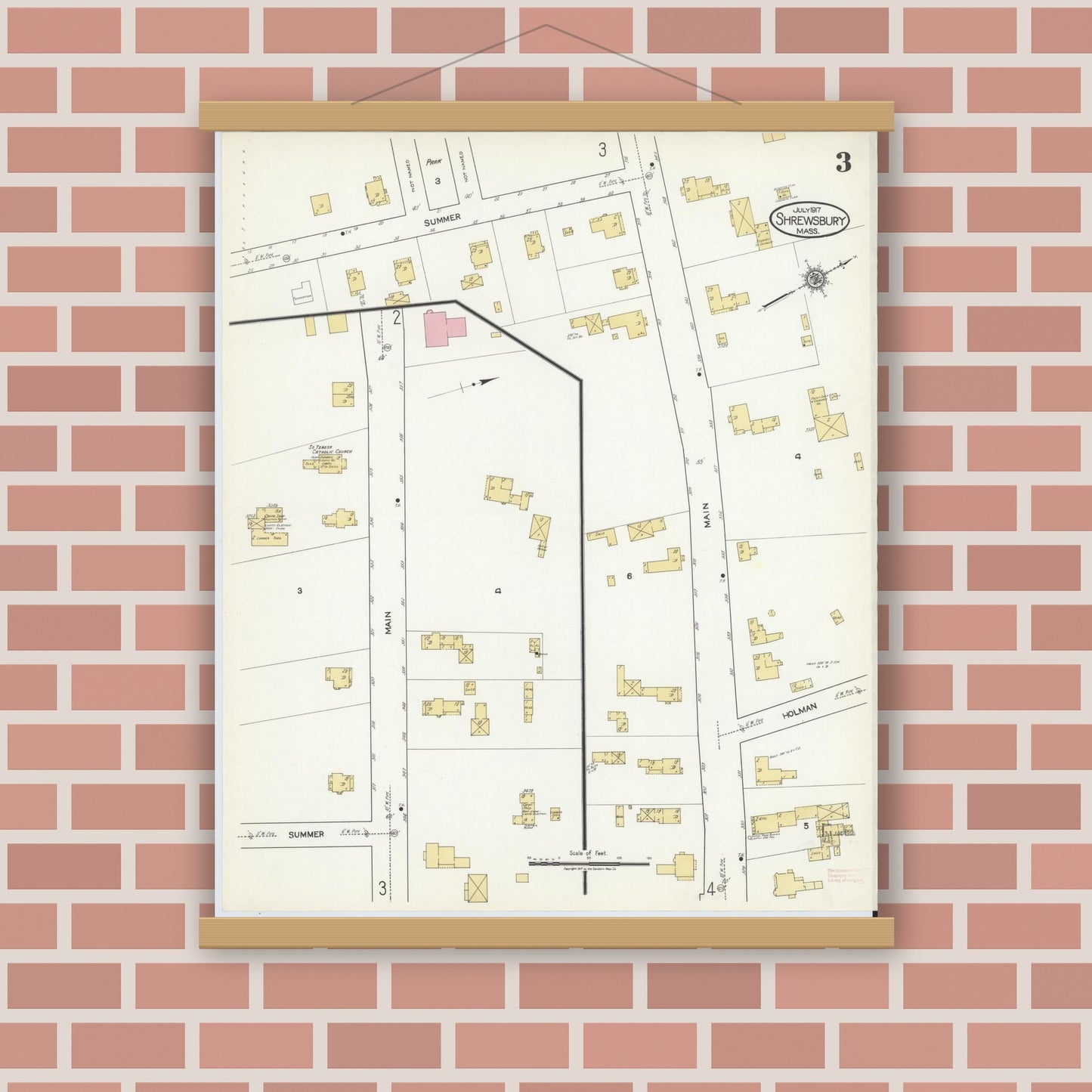 Old map wall art mockup — magnetic wood frame on brick wall — Sanborn Fire Insurance Map from Shrewsbury, Worcester County, Massachusetts (1917), Sheet #0003