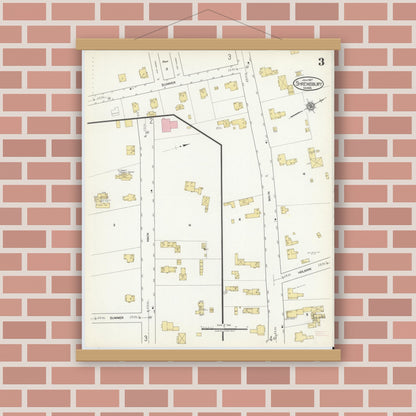 Old map wall art mockup — magnetic wood frame on brick wall — Sanborn Fire Insurance Map from Shrewsbury, Worcester County, Massachusetts (1917), Sheet #0003