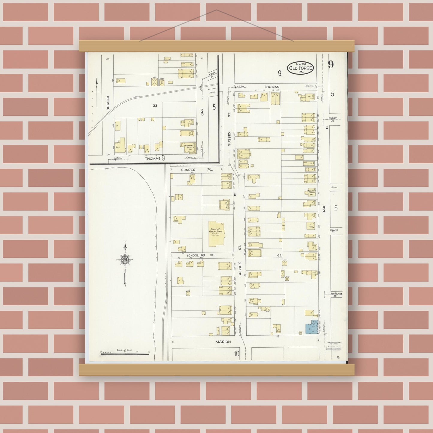 Old map wall art mockup — magnetic wood frame on brick wall — Sanborn Fire Insurance Map from Old Forge, Lackawanna County, Pennsylvania (1914), Sheet #0009