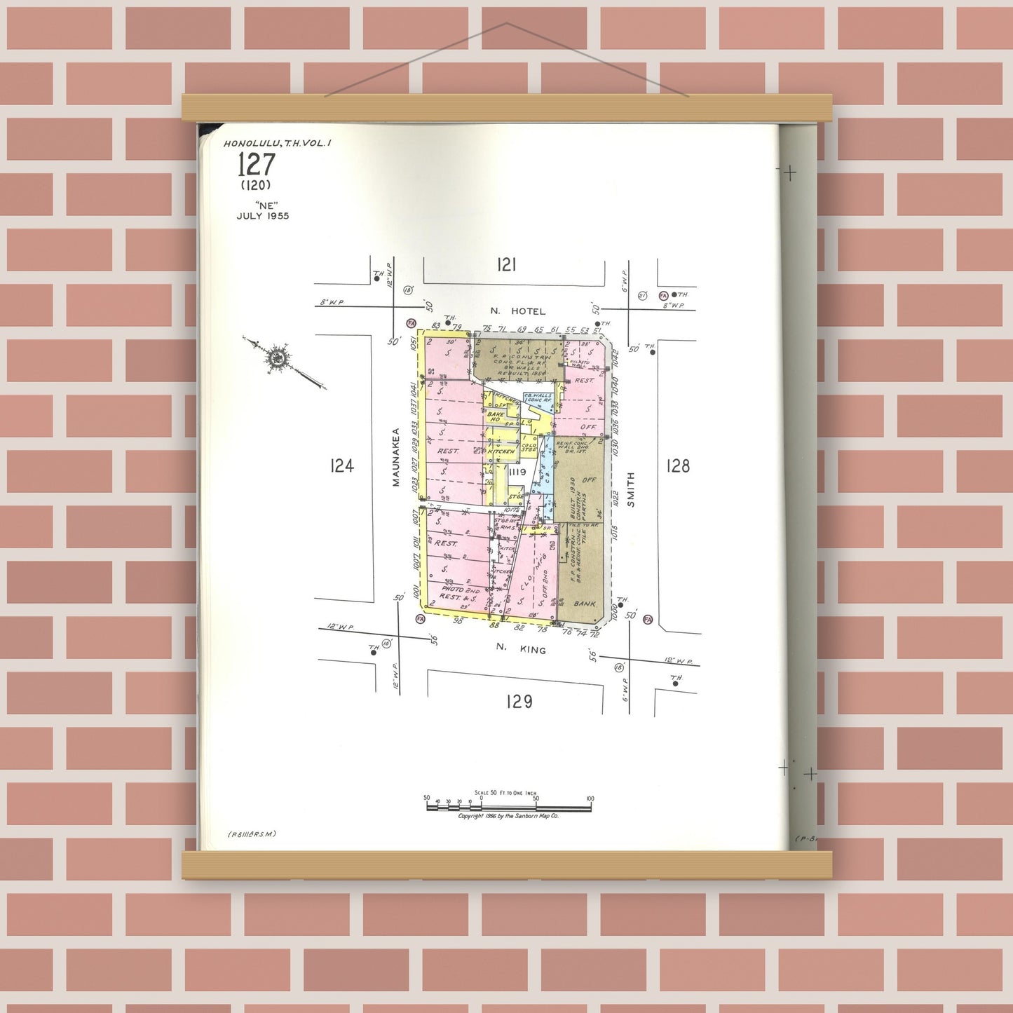 Old map wall art mockup — magnetic wood frame on brick wall — Sanborn Fire Insurance Map from Honolulu, Oahu County, Hawaii (1955), Sheet #0127