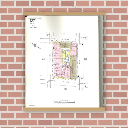 Old map wall art mockup — magnetic wood frame on brick wall — Sanborn Fire Insurance Map from Honolulu, Oahu County, Hawaii (1955), Sheet #0127