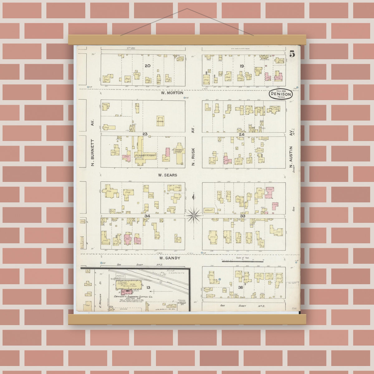 Old map wall art mockup — magnetic wood frame on brick wall — Sanborn Fire Insurance Map from Denison, Grayson County, Texas (1888), Sheet #0005