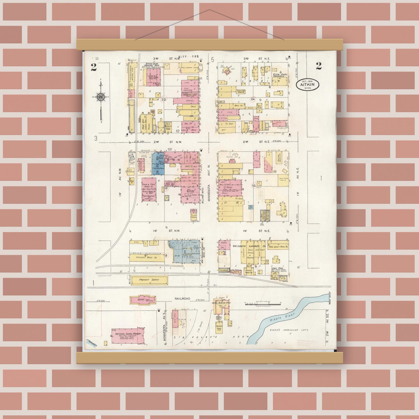 Old map wall art mockup — magnetic wood frame on brick wall — Sanborn Fire Insurance Map from Aitkin, Aitkin County, Minnesota (1936), Sheet #0002