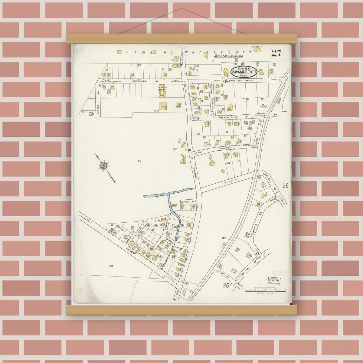 Old map wall art mockup — magnetic wood frame on brick wall — Sanborn Fire Insurance Map from Swampscott, Essex County, Massachusetts (1920), Sheet #0027