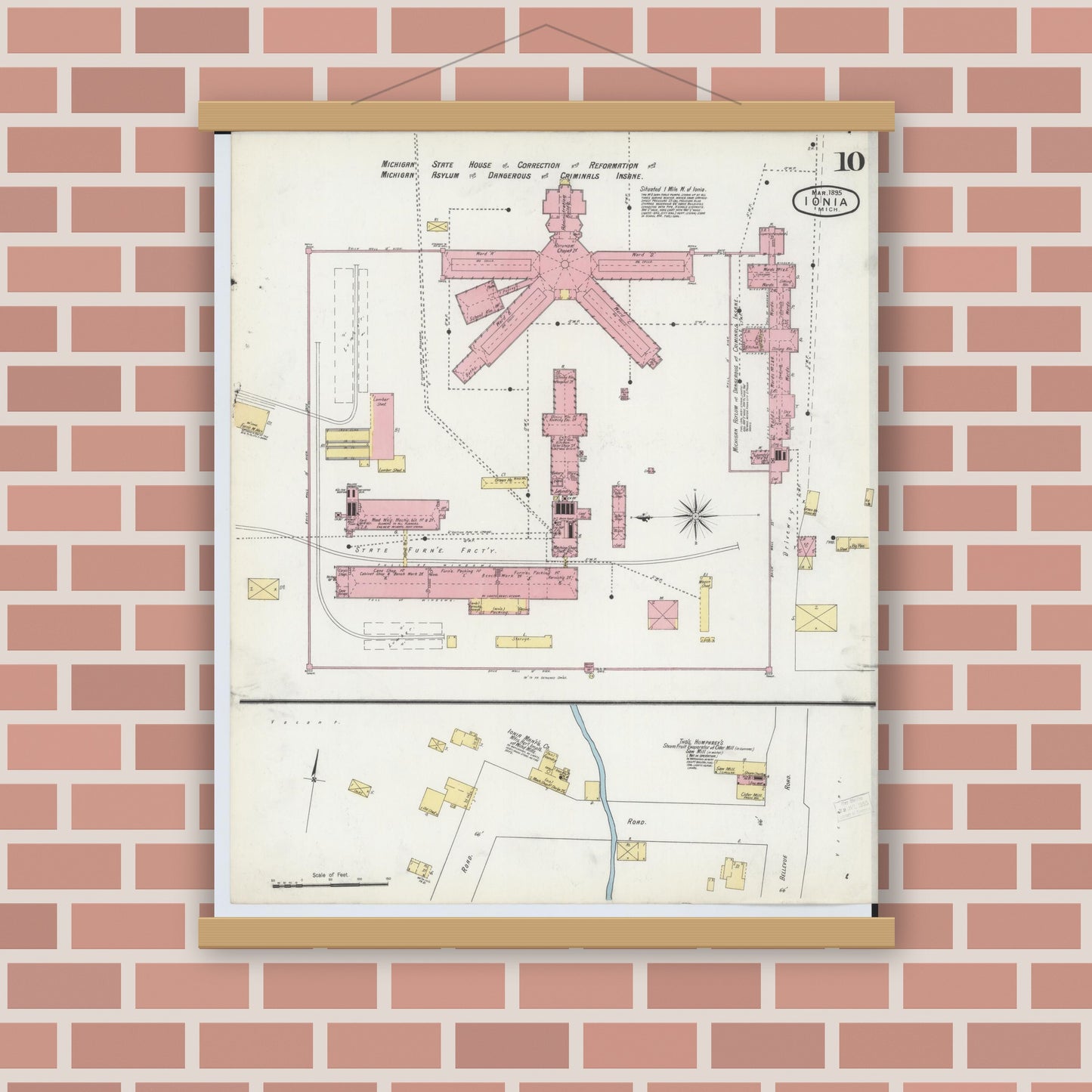 Old map wall art mockup — magnetic wood frame on brick wall — Sanborn Fire Insurance Map from Ionia, Ionia County, Michigan (1895), Sheet #0010