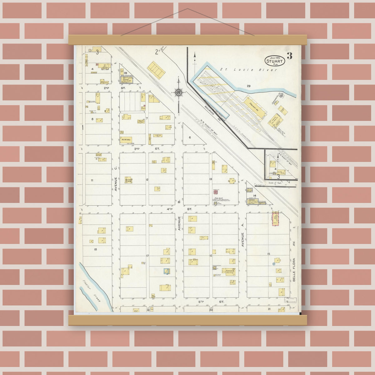 Old map wall art mockup — magnetic wood frame on brick wall — Sanborn Fire Insurance Map from Stuart, Martin County, Florida (1915), Sheet #0003